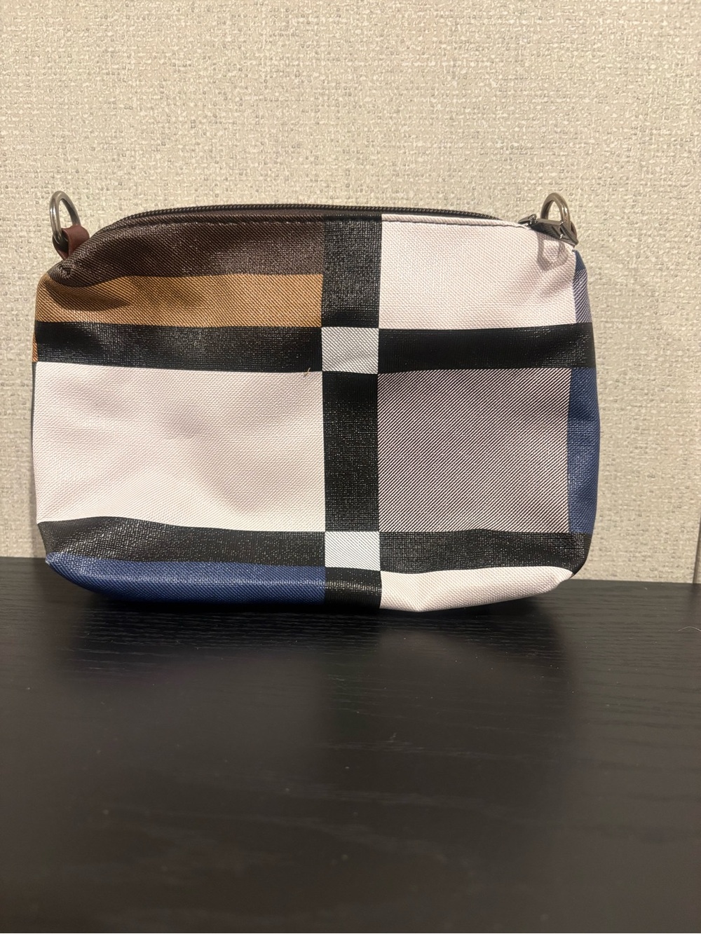 Geometric Plaid Crossbody Pouch in Blue, Black, Brown